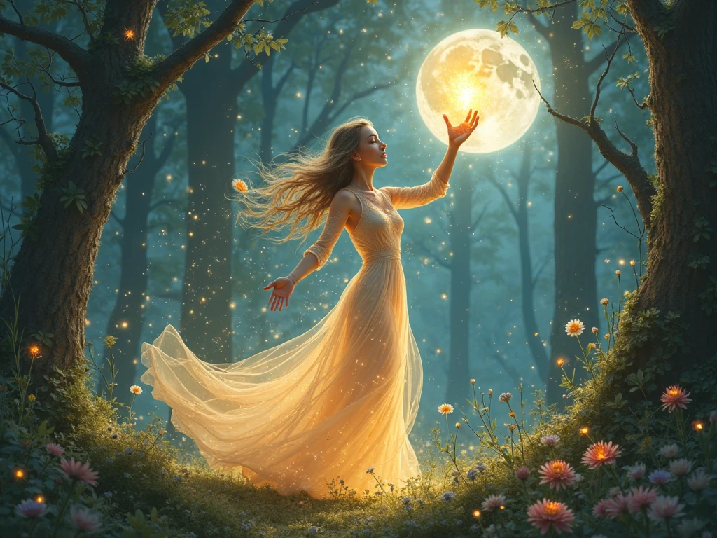 Create an ethereal magical scene with a glowing woman holding a crystal under a full moon, radiating light and symbols of abundance and love in a dreamlike forest.