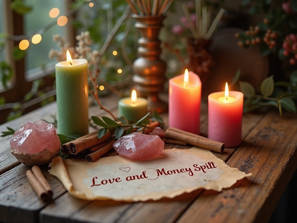 Altar with love and money spell candles and crystals"