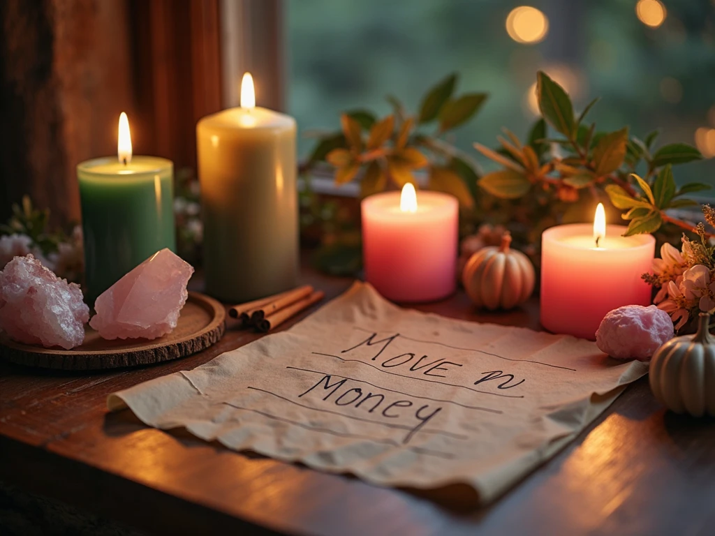 A mystical ritual setup featuring candles, crystals, and spell parchment under moonlight, evoking love, abundance, and spiritual energy. Ideal for blog/social sharing on manifestation magic.