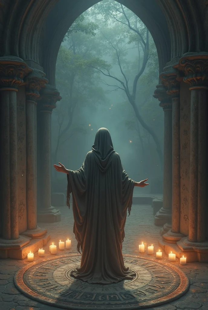 Sad but hopeful woman holding candle in mystical purple light with zodiac and heart symbols in the background. Spiritual love ritual atmosphere