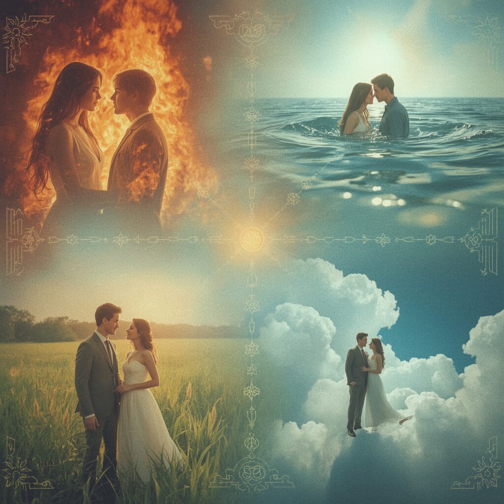 A dreamy romantic illustration showing the four classical elements as couples: a fiery couple glowing with passion (Fire), a calm nurturing couple surrounded by water (Water), a grounded couple in a lush green field (Earth), and an airy dreamy couple among the clouds (Air). Soft pastel colors, astrological symbols subtly integrated, ethereal fantasy art style, mystical and magical vibes, zodiac-inspired.