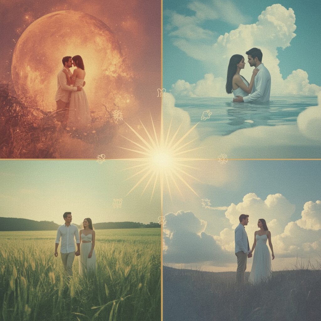 a collage of a couple in different posesA dreamy romantic illustration showing the four classical elements as couples: a fiery couple glowing with passion (Fire), a calm nurturing couple surrounded by water (Water), a grounded couple in a lush green field (Earth), and an airy dreamy couple among the clouds (Air). Soft pastel colors, astrological symbols subtly integrated, ethereal fantasy art style, mystical and magical vibes, zodiac-inspired.